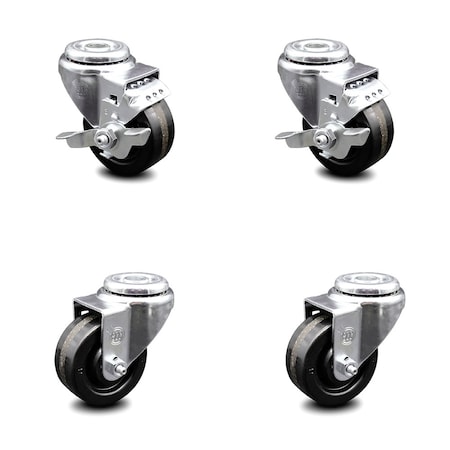 3.5 Inch Phenolic Wheel Swivel Bolt Hole Caster Set With 2 Brake